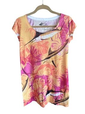 Guy Harvey Marlin Fish Tropical Mini Dress Pink Orange Graphic S